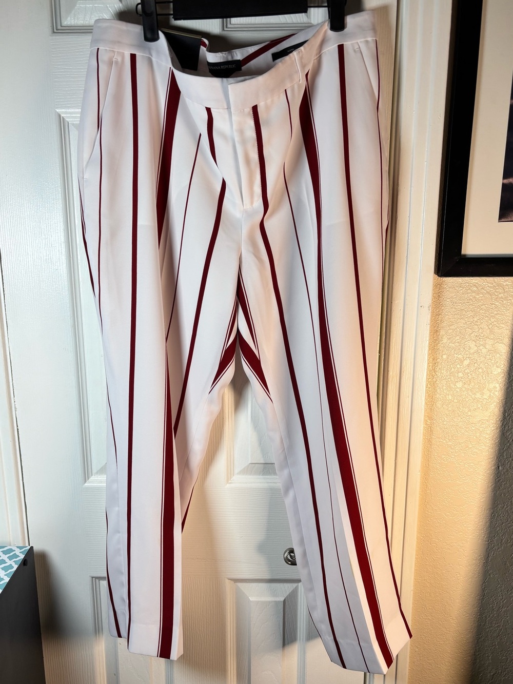 Banana Republic White Pants with Burgundy Vertical Stripes